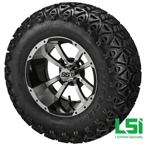 12X7 Machined & Black Maltese Cross Wheel On 23X10.50-12 Trail Tire 12 Lifted Assembly
