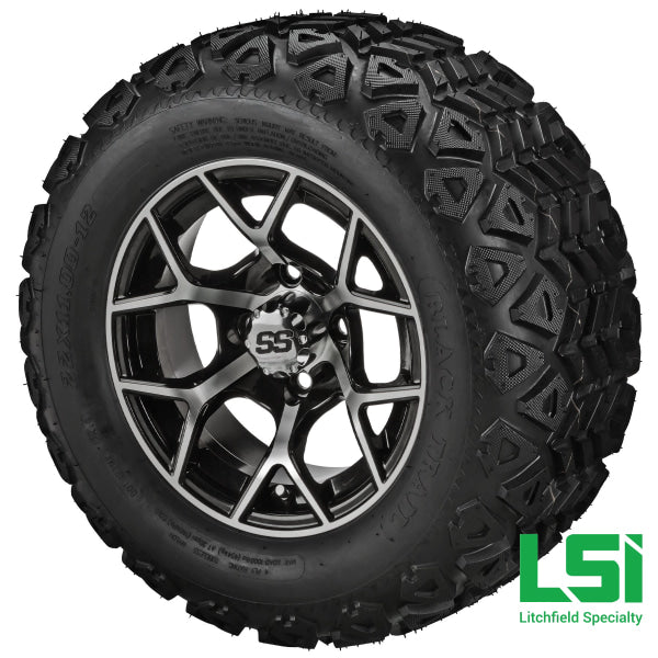 12X7 Machined & Black Ninja Wheel On 20X10.00-12 Trail Tire 12 Lifted Assembly