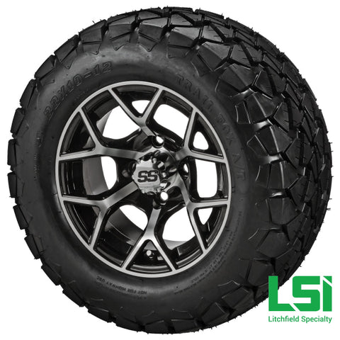 12X7 Machined & Black Ninja Wheel On 22X10.00-12 Trail Fox A/t Tire 12 Lifted Assembly