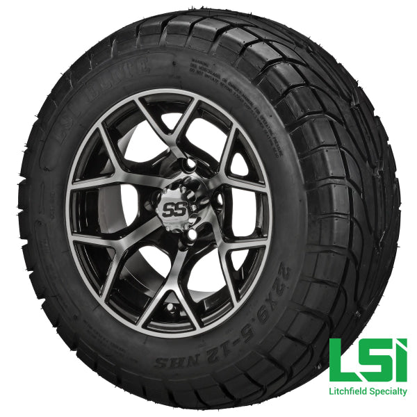 12X7 Machined & Black Ninja Wheel On 22X9.50-12 Lsi Elite Street Tire 12 Lifted Assembly