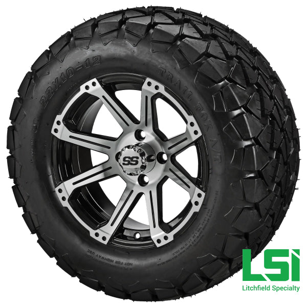12X7 Machined & Black Rampage Wheel On 22X10.00-12 Trail Fox A/t Tire 12 Lifted Assembly