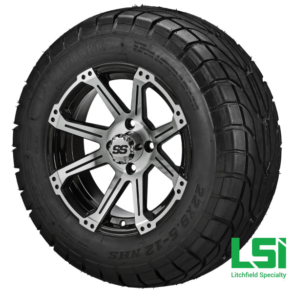 12 Inch Street Rims 12x7 Machined & Black Rampage Wheel on 22x9.50-12 LSI Elite Street Tir ...