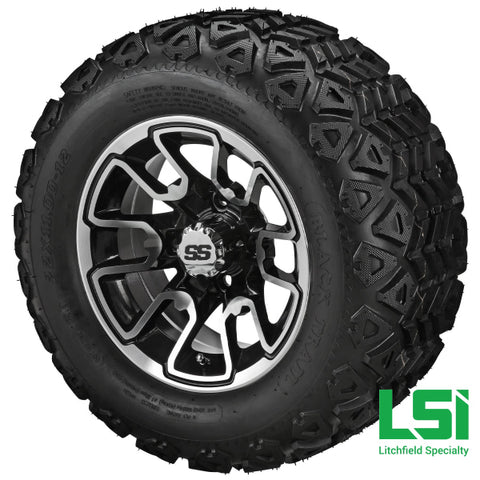 12X7 Machined & Black Tombstone Wheel On 20X10.00-12 Trail Tire 12 Lifted Assembly
