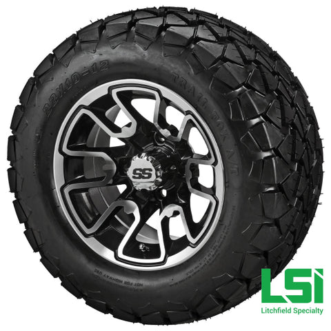 12X7 Machined & Black Tombstone Wheel On 22X10.00-12 Trail Fox A/t Tire 12 Lifted Assembly