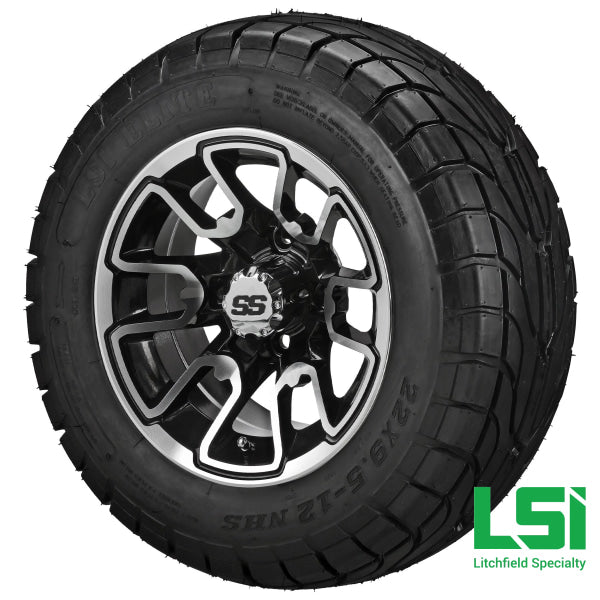 12X7 Machined & Black Tombstone Wheel On 22X9.50-12 Lsi Elite Street Tire 12 Lifted Assembly
