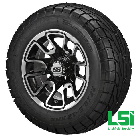 12X7 Machined & Black Tombstone Wheel On 22X9.50-12 Lsi Elite Street Tire 12 Lifted Assembly