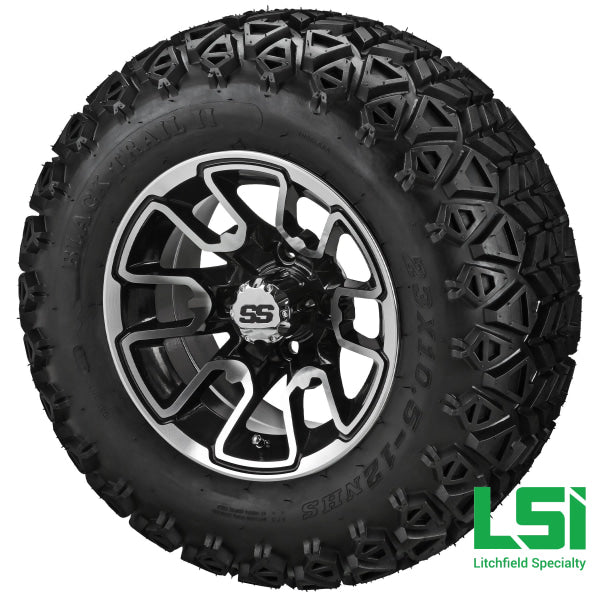 12X7 Machined & Black Tombstone Wheel On 23X10.50-12 Trail Tire 12 Lifted Assembly