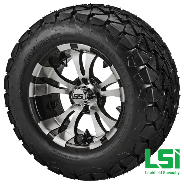 12X7 Machined & Black Warlock Wheel On 22X10.00-12 Trail Fox A/t Tire 12 Lifted Assembly