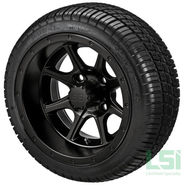 12X7 Matte Black Azusa Wheel On 205/30-12 Deli Tire 12 Low Profile Assembly