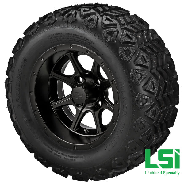 12X7 Matte Black Azusa Wheel On 20X10.00-12 Trail Tire 12 Lifted Assembly