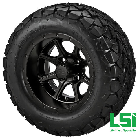12X7 Matte Black Azusa Wheel On 22X10.00-12 Trail Fox A/t Tire 12 Lifted Assembly