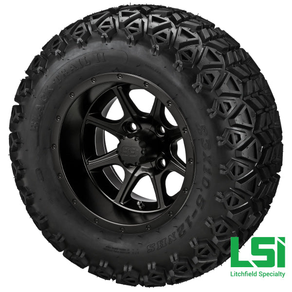 12X7 Matte Black Azusa Wheel On 23X10.50-12 Trail Tire 12 Lifted Assembly