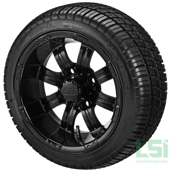 12X7 Matte Black Casino Wheel On 205/30-12 Deli Tire 12 Low Profile Assembly