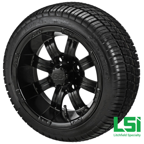 12X7 Matte Black Casino Wheel On 205/30-12 Deli Tire 12 Low Profile Assembly