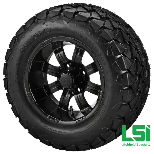 12X7 Matte Black Casino Wheel On 22X10.00-12 Trail Fox A/t Tire 12 Lifted Assembly