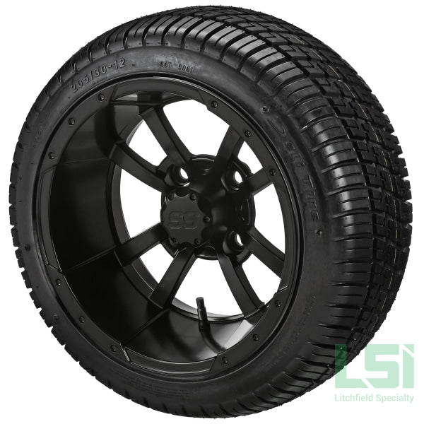 12X7 Matte Black Maltese Cross Wheel On 205/30-12 Deli Tire 12 Low Profile Assembly