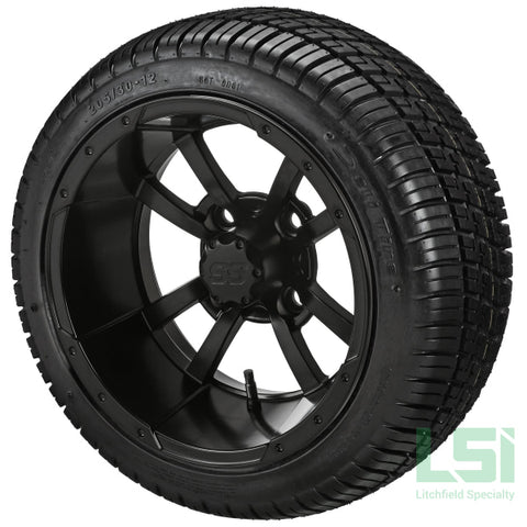 12X7 Matte Black Maltese Cross Wheel On 205/30-12 Deli Tire 12 Low Profile Assembly