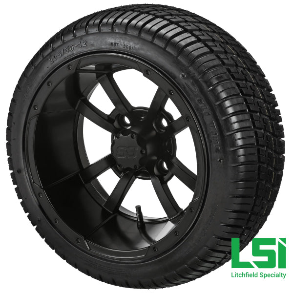 12X7 Matte Black Maltese Cross Wheel On 205/30-12 Deli Tire 12 Low Profile Assembly