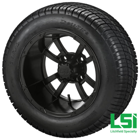 12X7 Matte Black Maltese Cross Wheel On 215/50-12 Deli Tire 12 Low Profile Assembly