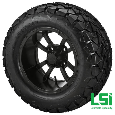 12X7 Matte Black Maltese Cross Wheel On 22X10.00-12 Trail Fox A/t Tire 12 Lifted Assembly