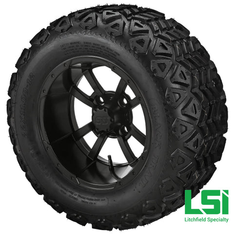 12X7 Matte Black Maltese Cross Wheel On 22X11-12 Trail Tire 12 Lifted Assembly