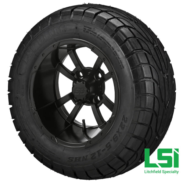 12X7 Matte Black Maltese Cross Wheel On 22X9.50-12 Lsi Elite Street Tire 12 Lifted Assembly