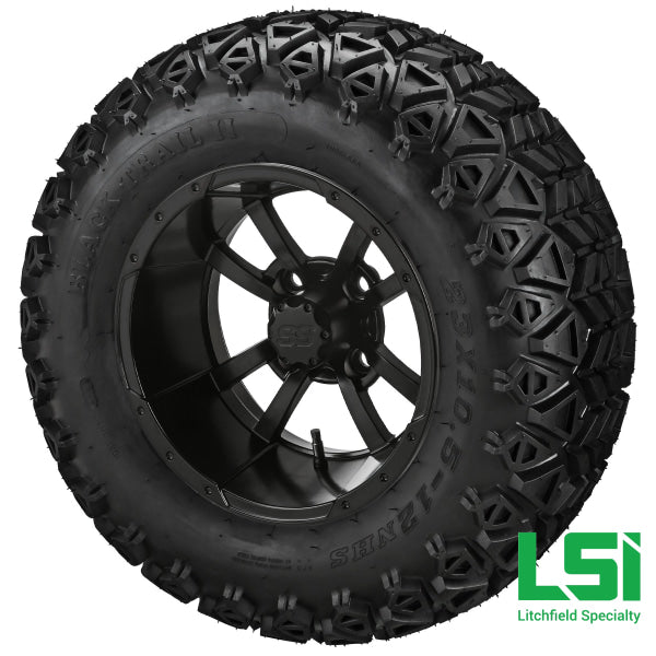 12X7 Matte Black Maltese Cross Wheel On 23X10.50-12 Trail Tire 12 Lifted Assembly
