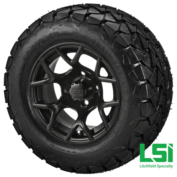 12X7 Matte Black Ninja Wheel On 22X10.00-12 Trail Fox A/t Tire 12 Lifted Assembly