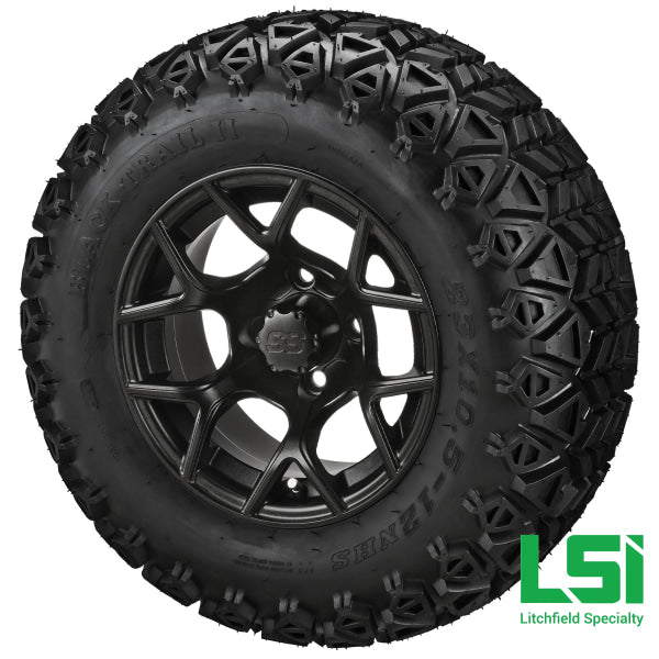 12X7 Matte Black Ninja Wheel On 23X10.50-12 Trail Tire 12 Lifted Assembly