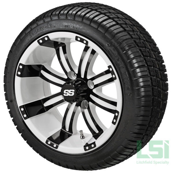 12X7 White & Black Casino Wheel On 205/30-12 Deli Tire 12 Low Profile Assembly