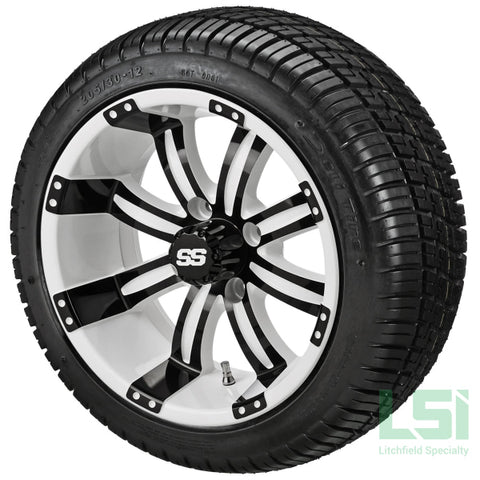 12X7 White & Black Casino Wheel On 205/30-12 Deli Tire 12 Low Profile Assembly