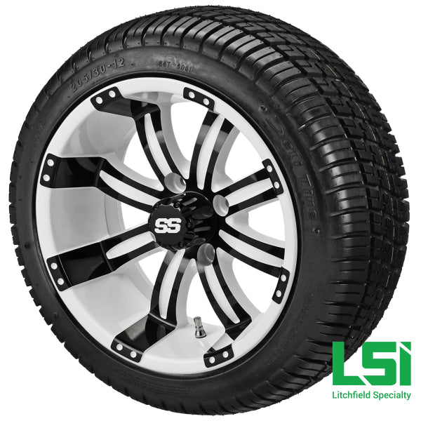 12X7 White & Black Casino Wheel On 205/30-12 Deli Tire 12 Low Profile Assembly