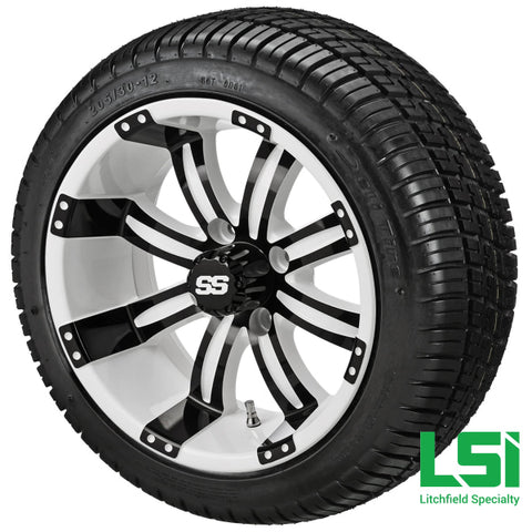 12X7 White & Black Casino Wheel On 205/30-12 Deli Tire 12 Low Profile Assembly