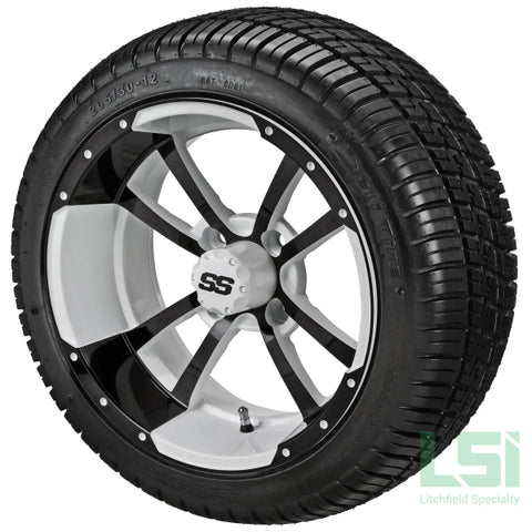 12X7 White & Black Maltese Cross Wheel On 205/30-12 Deli Tire 12 Low Profile Assembly