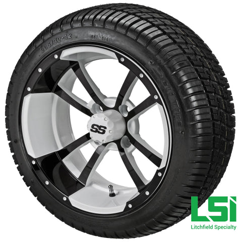 12X7 White & Black Maltese Cross Wheel On 205/30-12 Deli Tire 12 Low Profile Assembly