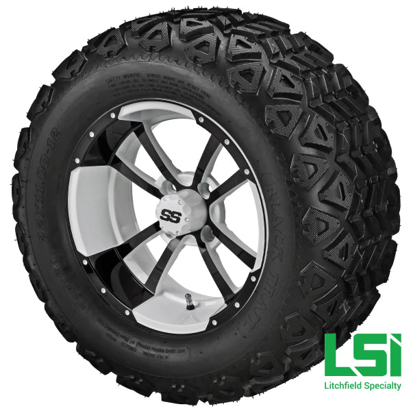 12X7 White & Black Maltese Cross Wheel On 20X10.00-12 Trail Tire 12 Lifted Assembly