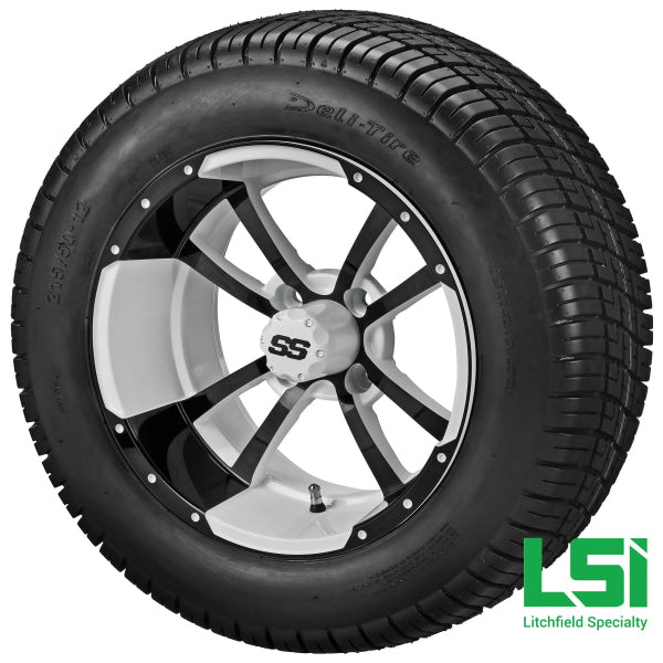 12X7 White & Black Maltese Cross Wheel On 215/50-12 Deli Tire 12 Low Profile Assembly