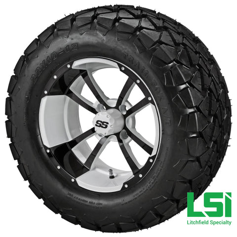 12X7 White & Black Maltese Cross Wheel On 22X10.00-12 Trail Fox A/t Tire 12 Lifted Assembly