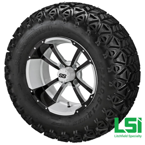 12X7 White & Black Maltese Cross Wheel On 23X10.50-12 Trail Tire 12 Lifted Assembly