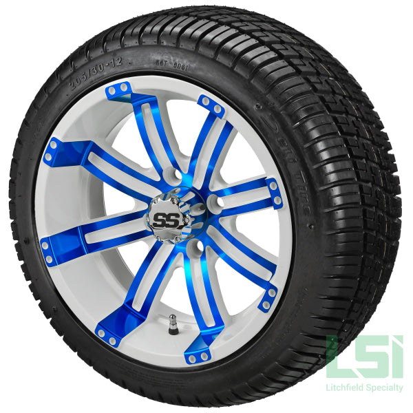 12X7 White & Blue Casino Wheel On 205/30-12 Deli Tire 12 Low Profile Assembly
