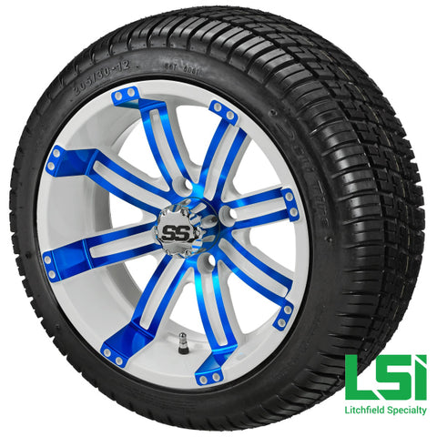 12X7 White & Blue Casino Wheel On 205/30-12 Deli Tire 12 Low Profile Assembly