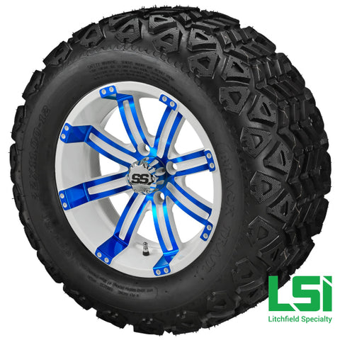 12X7 White & Blue Casino Wheel On 20X10.00-12 Black Trail Tire 12 Lifted Assembly
