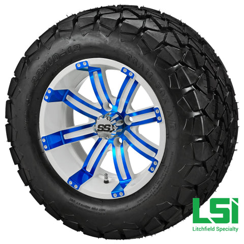12X7 White & Blue Casino Wheel On 22X10.00-12 Trail Fox A/t Tire 12 Lifted Assembly