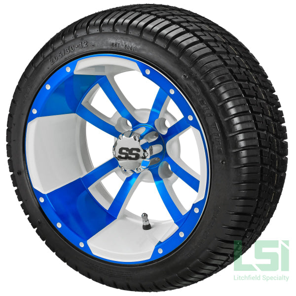 12X7 White & Blue Maltese Cross Wheel On 205/30-12 Deli Tire 12 Low Profile Assembly