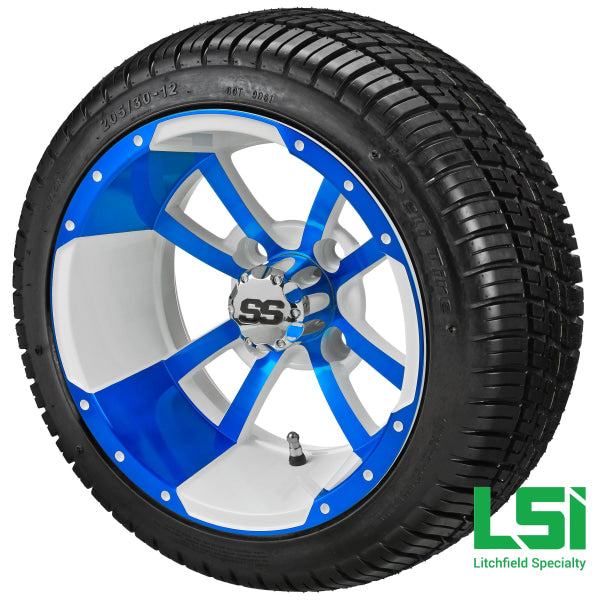 12X7 White & Blue Maltese Cross Wheel On 205/30-12 Deli Tire 12 Low Profile Assembly