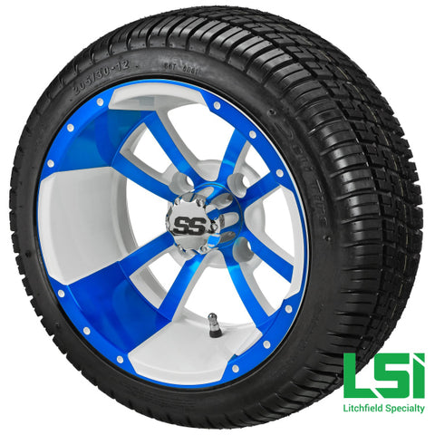 12X7 White & Blue Maltese Cross Wheel On 205/30-12 Deli Tire 12 Low Profile Assembly