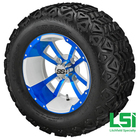 12X7 White & Blue Maltese Cross Wheel On 20X10.00-12 Black Trail Tire 12 Lifted Assembly