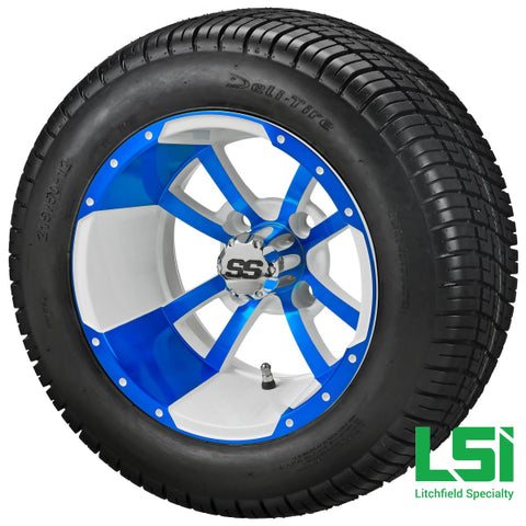 12X7 White & Blue Maltese Cross Wheel On 215/50-12 Deli Tire 12 Low Profile Assembly