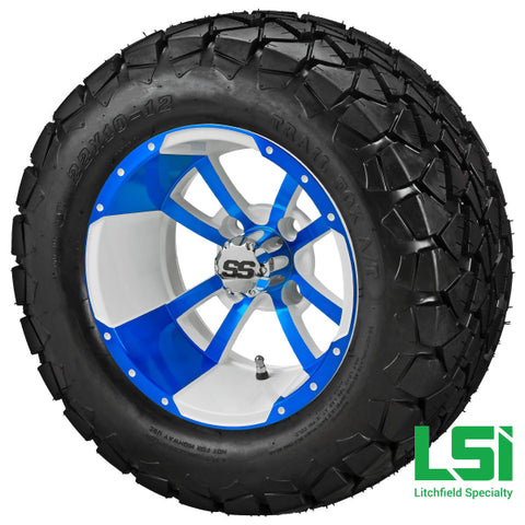 12X7 White & Blue Maltese Cross Wheel On 22X10.00-12 Trail Fox A/t Tire 12 Lifted Assembly