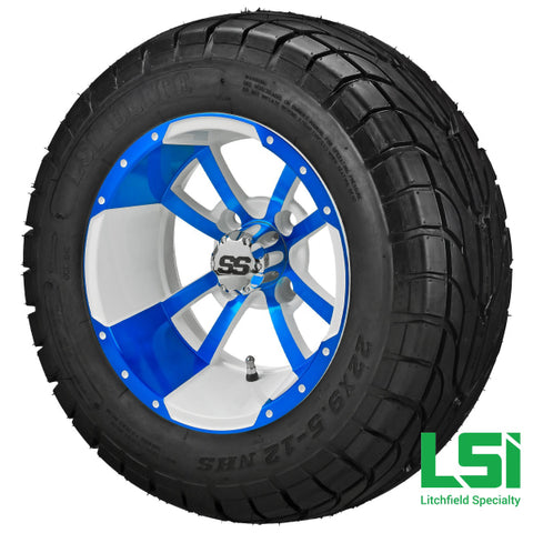 12X7 White & Blue Maltese Cross Wheel On 22X9.50-12 Lsi Elite Street Tire 12 Lifted Assembly